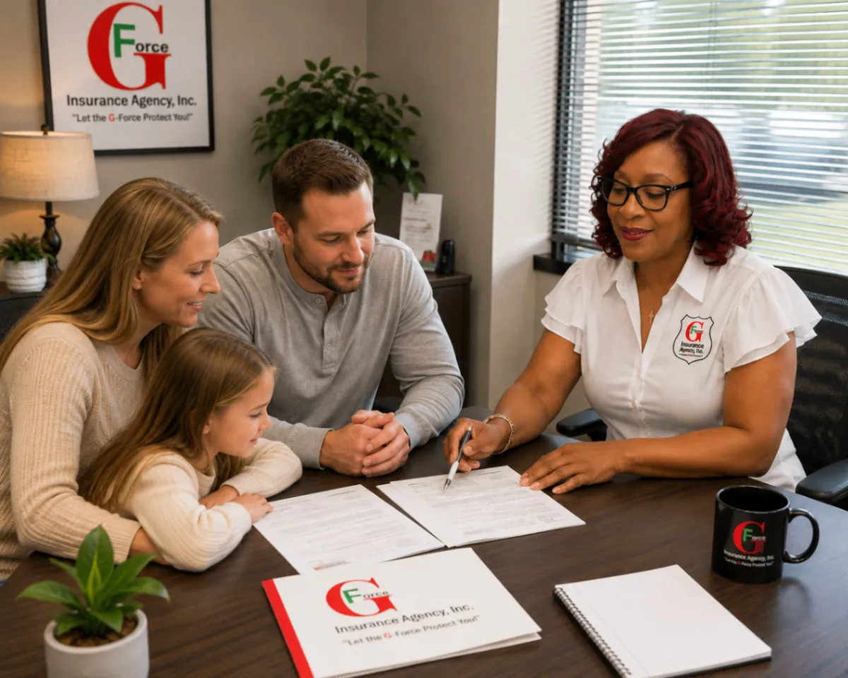 A G-Force insurance agent reviewing coverage options with a family in the agency office